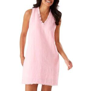 Tommy Bahama Pink 100% Linen Sleeveless Shift Dress w/ Raw Edge Ruffle - Size M